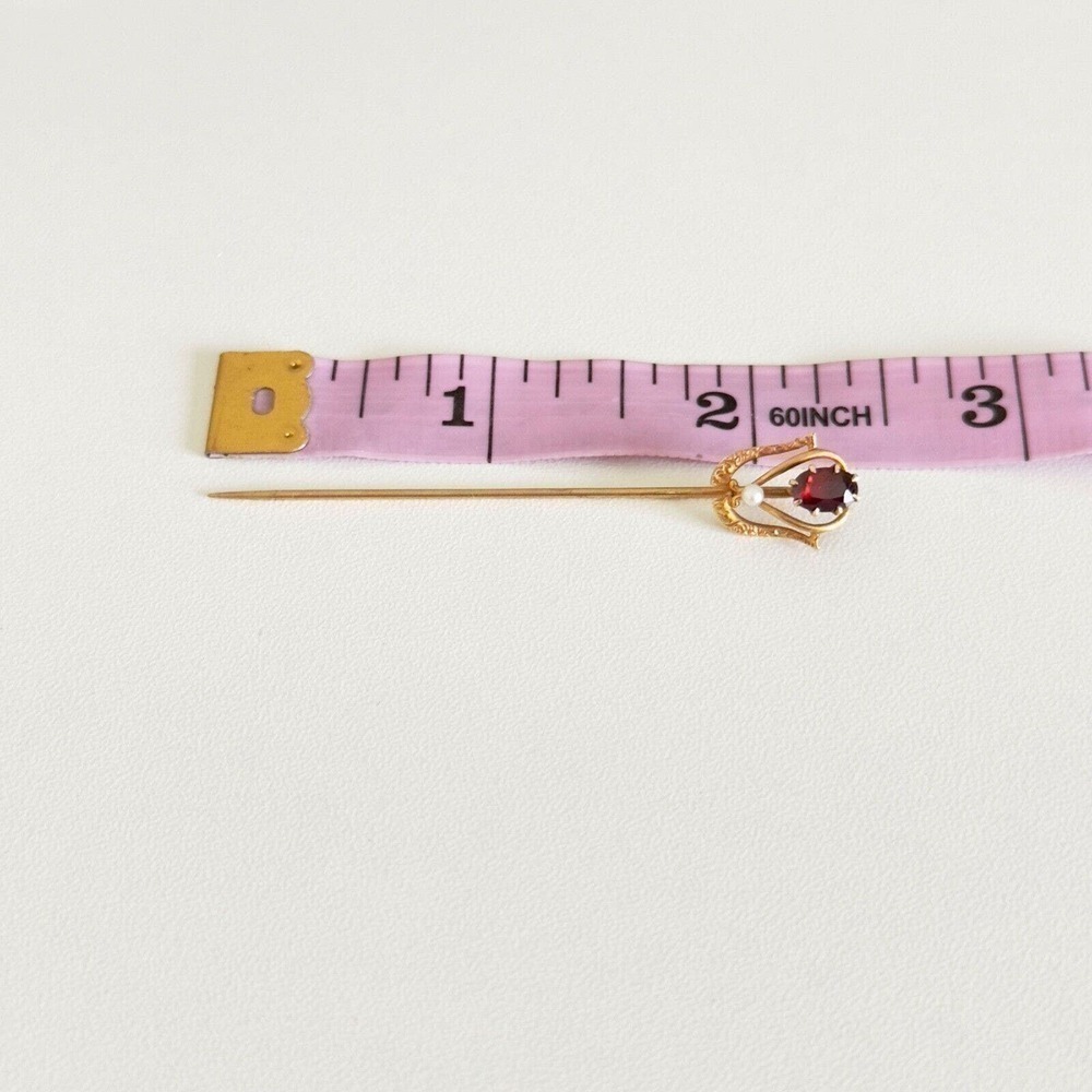 Antique 14k Yellow Gold Garnet Seed Pearl Stick Pin - Picture 8 of 13
